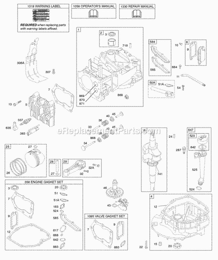Camshaft Crankshaft Cylinder Engine Sump Lubrication Piston Group Valves Diagram and Parts List for  Briggs and Stratton Engine